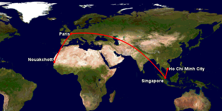 Bay từ Sài Gòn đến Nouakchott qua Singapore, Paris