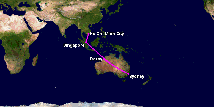 Bay từ Sài Gòn đến Derby qua Singapore, Sydney