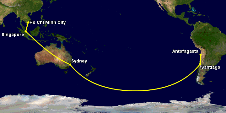 Bay từ Sài Gòn đến Antofagasta qua Singapore, Sydney, Santiago