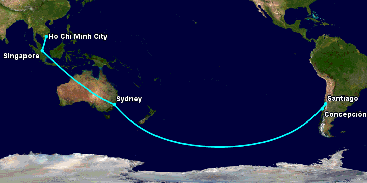 Bay từ Sài Gòn đến Concepcion qua Singapore, Sydney, Santiago