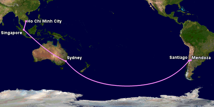 Bay từ Sài Gòn đến Mendoza qua Singapore, Sydney, Santiago