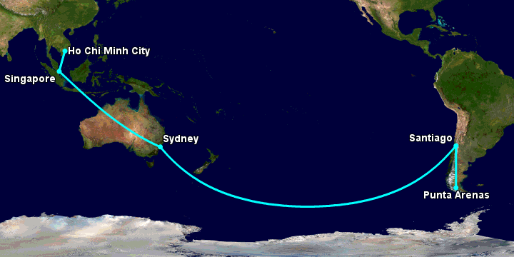 Bay từ Sài Gòn đến Punta Arenas qua Singapore, Sydney, Santiago