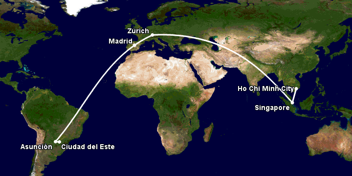 Bay từ Sài Gòn đến Ciudad Del Este qua Singapore, Zürich, Madrid, Asunción
