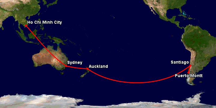 Bay từ Sài Gòn đến Puerto Montt qua Sydney, Auckland, Santiago