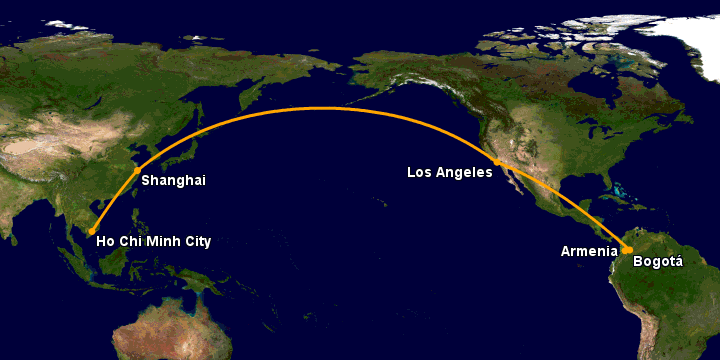Bay từ Sài Gòn đến Armenia qua Thượng Hải, Los Angeles, Bogotá