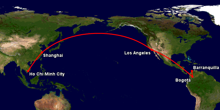 Bay từ Sài Gòn đến Barranquilla qua Thượng Hải, Los Angeles, Bogotá