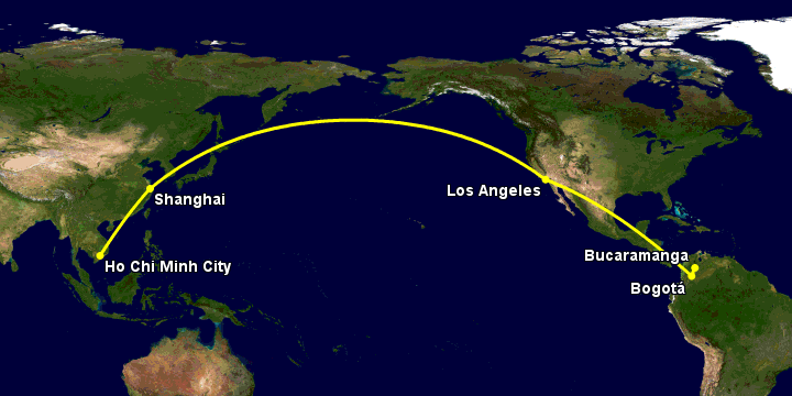 Bay từ Sài Gòn đến Bucaramanga qua Thượng Hải, Los Angeles, Bogotá