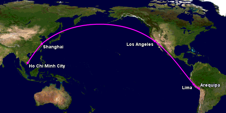 Bay từ Sài Gòn đến Arequipa qua Thượng Hải, Los Angeles, Lima