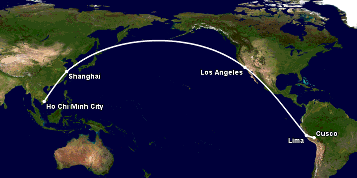 Bay từ Sài Gòn đến Cuzco qua Thượng Hải, Los Angeles, Lima