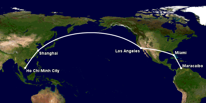 Bay từ Sài Gòn đến Maracaibo qua Thượng Hải, Los Angeles, Miami