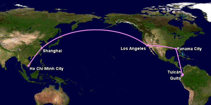 Bay từ Sài Gòn đến Tulcan qua Thượng Hải, Los Angeles, Panama City, Quito