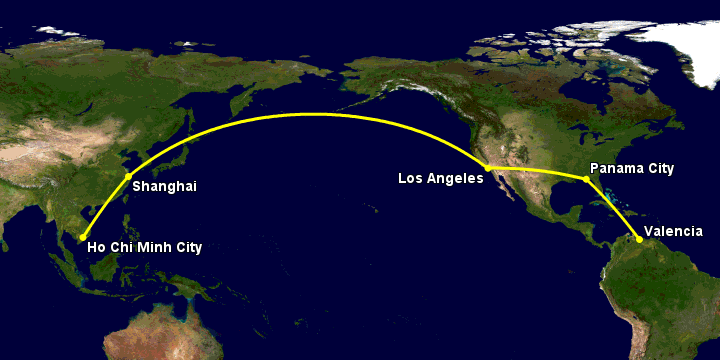 Bay từ Sài Gòn đến Valencia Arturo qua Thượng Hải, Los Angeles, Panama City
