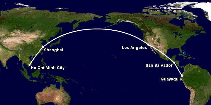Bay từ Sài Gòn đến Guayaquil qua Thượng Hải, Los Angeles, San Salvador