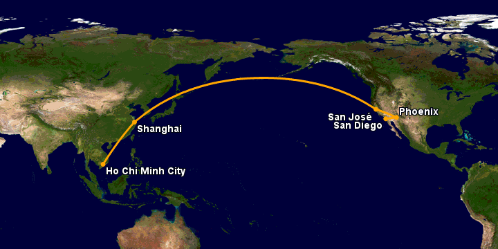 Bay từ Sài Gòn đến San Diego qua Thượng Hải, San Jose, Phoenix