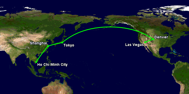 Bay từ Sài Gòn đến Las Vegas qua Thượng Hải, Tokyo, Denver