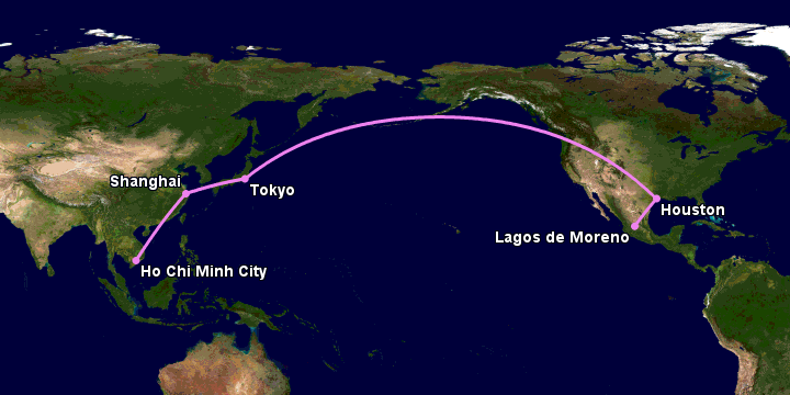 Bay từ Sài Gòn đến Lagos De Moreno qua Thượng Hải, Tokyo, Houston