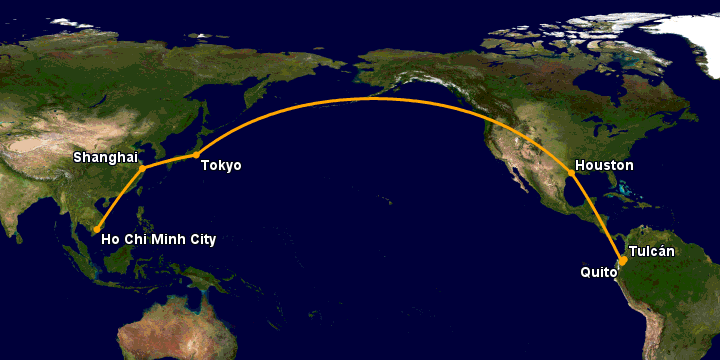 Bay từ Sài Gòn đến Tulcan qua Thượng Hải, Tokyo, Houston, Quito