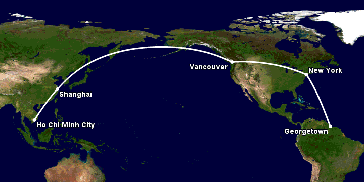 Bay từ Sài Gòn đến Georgetown GY qua Thượng Hải, Vancouver, New York