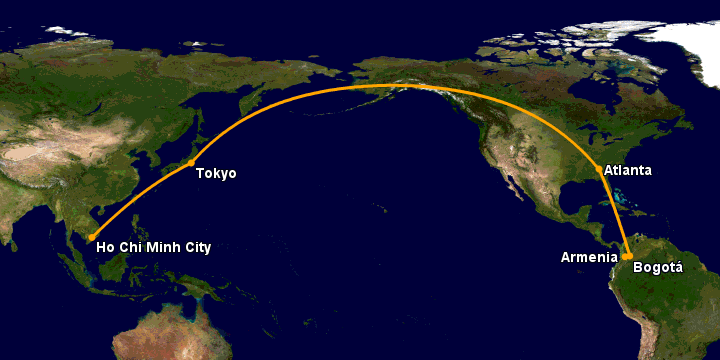 Bay từ Sài Gòn đến Armenia qua Tokyo, Atlanta, Bogotá