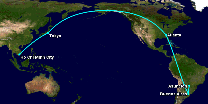 Bay từ Sài Gòn đến Asuncion qua Tokyo, Atlanta, Buenos Aires