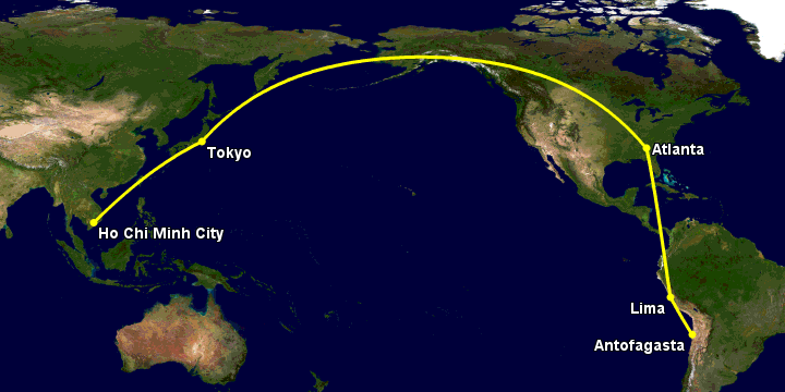 Bay từ Sài Gòn đến Antofagasta qua Tokyo, Atlanta, Lima