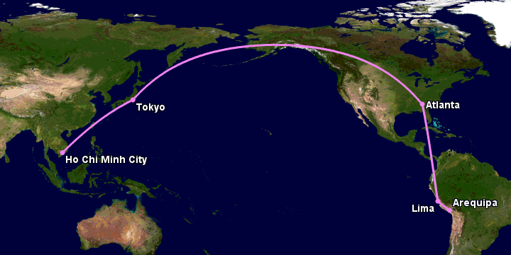 Bay từ Sài Gòn đến Arequipa qua Tokyo, Atlanta, Lima