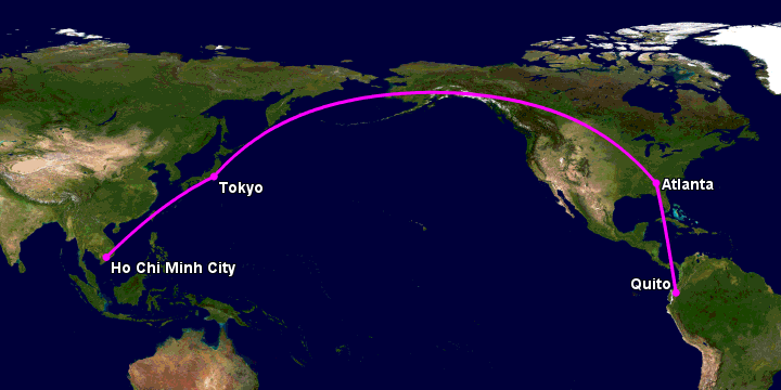Bay từ Sài Gòn đến Quito qua Tokyo, Atlanta