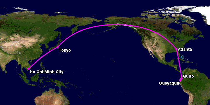 Bay từ Sài Gòn đến Guayaquil qua Tokyo, Atlanta, Quito