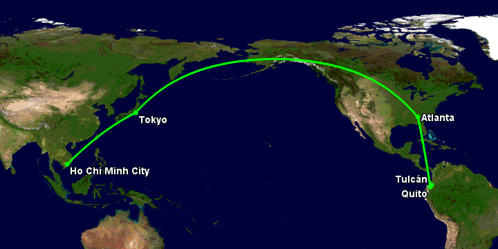 Bay từ Sài Gòn đến Tulcan qua Tokyo, Atlanta, Quito