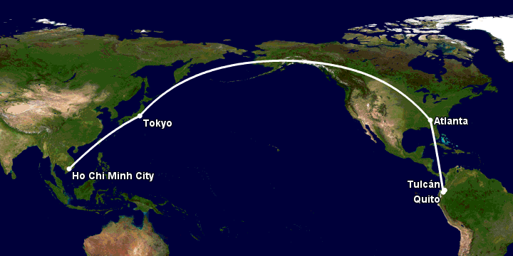 Bay từ Sài Gòn đến Tulcan qua Tokyo, Atlanta, Quito
