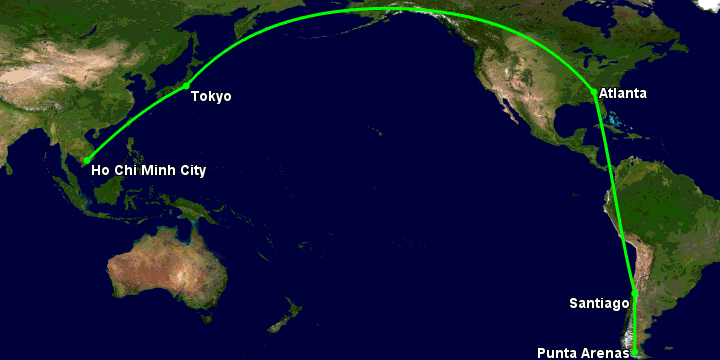 Bay từ Sài Gòn đến Punta Arenas qua Tokyo, Atlanta, Santiago