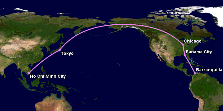 Bay từ Sài Gòn đến Barranquilla qua Tokyo, Chicago, Panama City