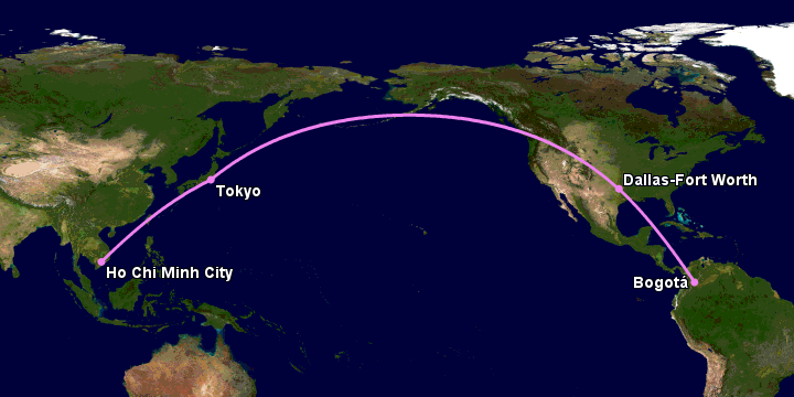 Bay từ Sài Gòn đến Bogota qua Tokyo, Dallas