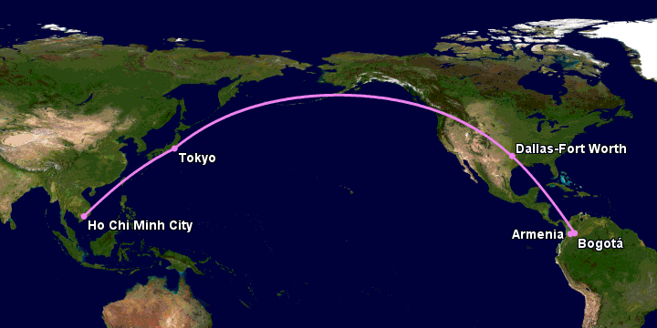 Bay từ Sài Gòn đến Armenia qua Tokyo, Dallas, Bogotá