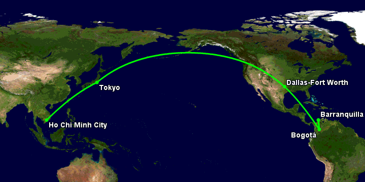 Bay từ Sài Gòn đến Barranquilla qua Tokyo, Dallas, Bogotá