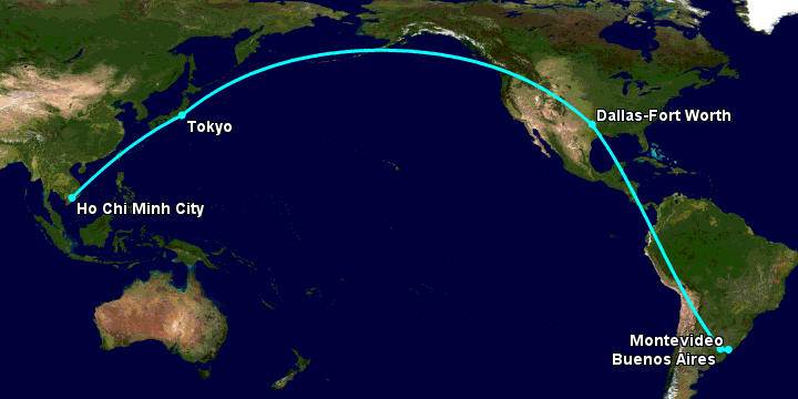 Bay từ Sài Gòn đến Montevideo qua Tokyo, Dallas, Buenos Aires