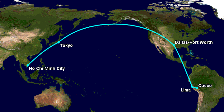 Bay từ Sài Gòn đến Cuzco qua Tokyo, Dallas, Lima