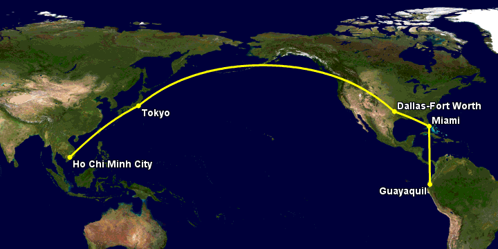 Bay từ Sài Gòn đến Guayaquil qua Tokyo, Dallas, Miami