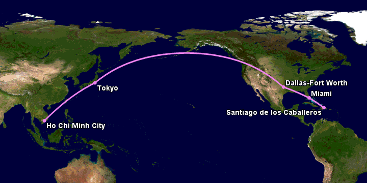 Bay từ Sài Gòn đến Santiago Do qua Tokyo, Dallas, Miami