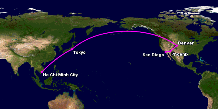 Bay từ Sài Gòn đến San Diego qua Tokyo, Denver, Phoenix