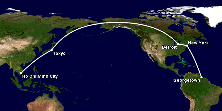 Bay từ Sài Gòn đến Georgetown GY qua Tokyo, Detroit, New York