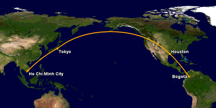 Bay từ Sài Gòn đến Bogota qua Tokyo, Houston