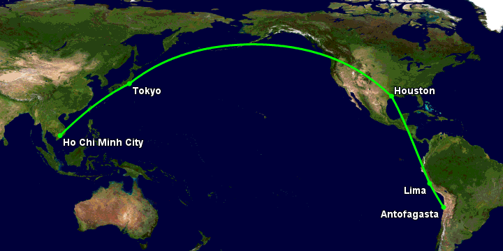 Bay từ Sài Gòn đến Antofagasta qua Tokyo, Houston, Lima