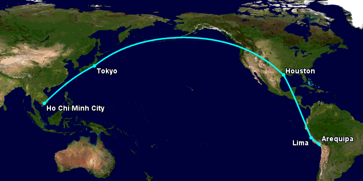 Bay từ Sài Gòn đến Arequipa qua Tokyo, Houston, Lima