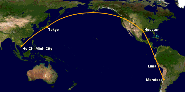 Bay từ Sài Gòn đến Mendoza qua Tokyo, Houston, Lima