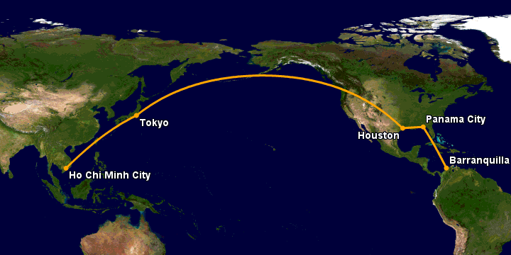 Bay từ Sài Gòn đến Barranquilla qua Tokyo, Houston, Panama City