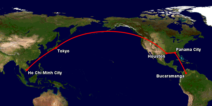 Bay từ Sài Gòn đến Bucaramanga qua Tokyo, Houston, Panama City