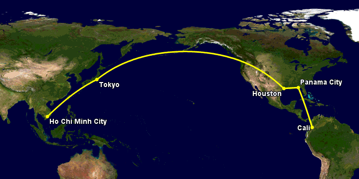 Bay từ Sài Gòn đến Cali qua Tokyo, Houston, Panama City