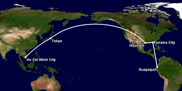 Bay từ Sài Gòn đến Guayaquil qua Tokyo, Houston, Panama City