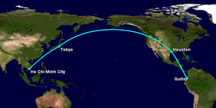 Bay từ Sài Gòn đến Quito qua Tokyo, Houston